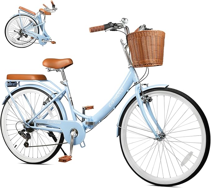 26Inch Foldable Beach Cruiser Bike for Women, Womens Folding Bike with Basket, 7 Speed Hybird Commute Bicycles with Cushion, V-Brakes, Quick Install for Adults, Womens (Blue)