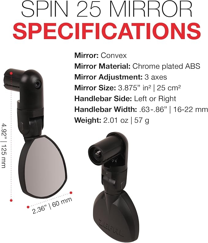 Zefal Spin 25 Bar-End Bike Mirror – Compact Foldable Rearview Mirror for Road & Gravel Bikes | 25 cm² Convex Chrome ABS, Triple-Axis Adjustable, Reversible Mount, 57 g