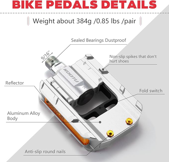 KOOTU Bike Pedals with Reflective Strips, Universal 9/16 Inch Mountain Bike Pedals, Non-Slip Aluminum Alloy Bicycle Pedals for Road BMX MTB Bike