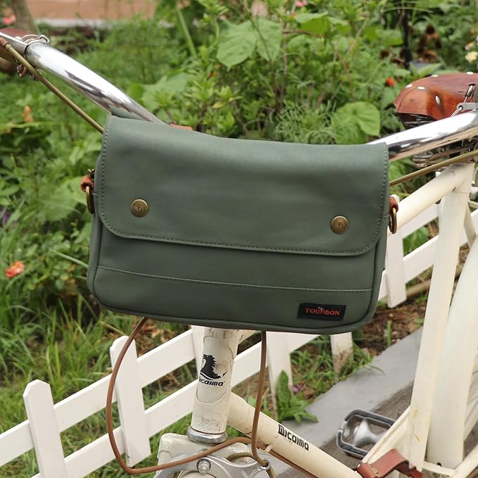 TOURBON Bike Bag Waxed Canvas Bicycle Handlebar Bag Zipper Closure Pouch Crossbar Front Frame Basket Cycling Saddebag Under Seat Strap-on Rear Rack Pannier (Green)