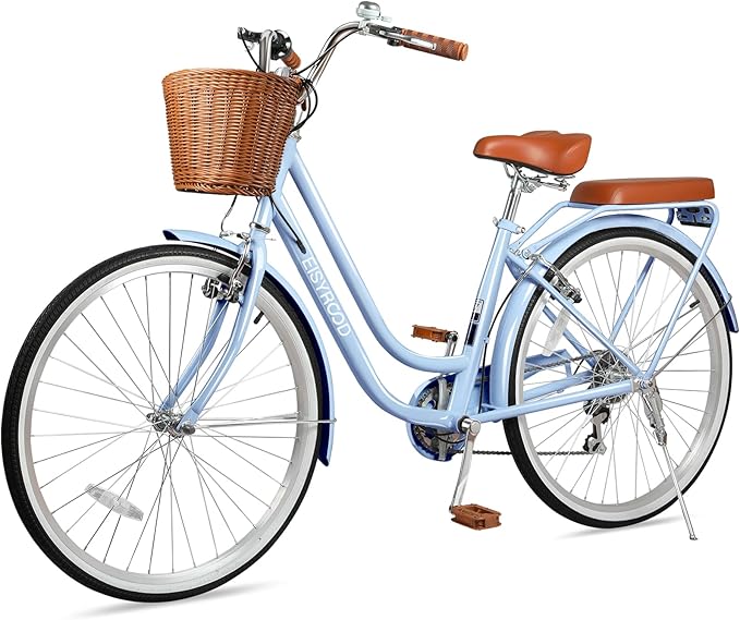 26 Inch Folding Beach Cruiser Bike for Women, 7-Speed Ladies Bike with Basket & Rack, Perfect for City Commuting's Bicycle, Ideal for Women and Adults