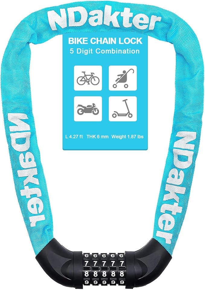 NDakter Bike Lock, 5 Digit Combination Heavy Duty Anti Theft Bicycle Chain Lock, 2.62/3.2/4.27/5/6Ft Long, High Security Resettable, Suitable for Bike, Scooter, Door, Gate, Fence-4/6mm Thick