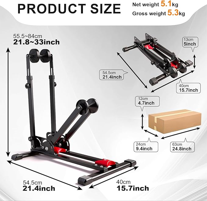 Teraysun 2-in-1 Vertical Bike Stand - Foldable Adjustable Bicycle Rack for Garage & Indoor, Space-Saving Upright Parking, Fits 20"-29" Mountain & Road Bikes, Scratch-Proof Tire Trays Included, Heavy-Duty Bicycle Floor Stand