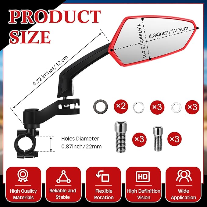 Hestya 1 Pair Handlebar Bike Mirror 360° Rotatable and Adjustable Universal Fit Rearview Bicycle Mirrors Glass Lens Safe Cycling Accessories for Scooter, E-bikes, Mountain Bikes, Road Bicycles