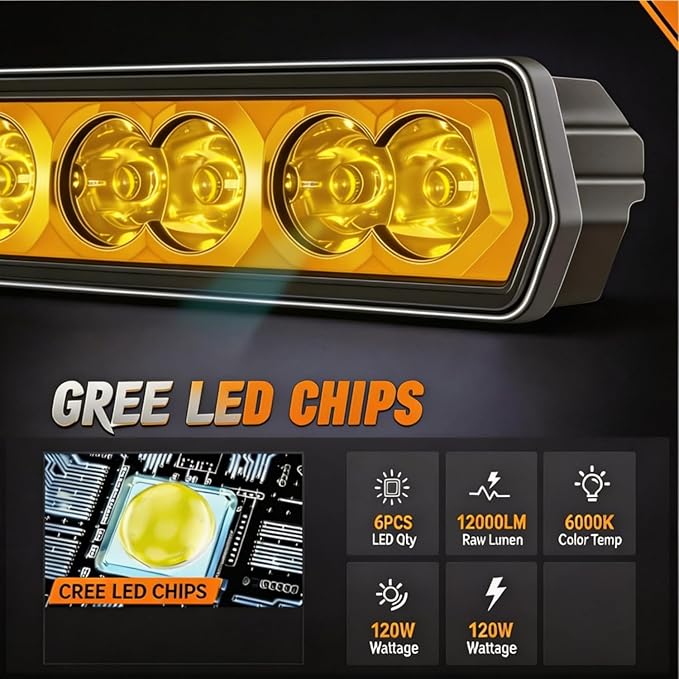 YCHOW-TECH Amber 6 Inch LED Light Bar, 2PCS 120W Single Rows Spot Beam Slim LED Pods Fog Light Assembly Work Off Road Driving Backup Light for Truck ATV SUV UTV Motorcycle Boat