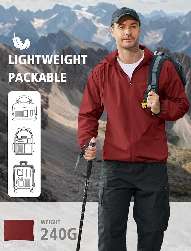 COOFANDY Men's Light Rain Jacket with Hood Packable Waterproof Raincoat Golf Rain Gear Travel Hiking Windbreaker