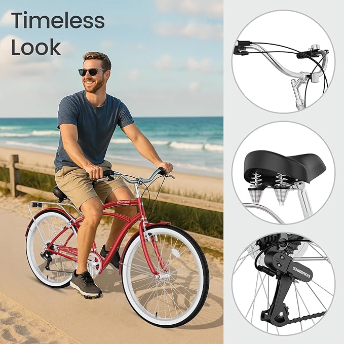 MOPHOTO 24" 26" Adult Bike 7-Speed Beach Cruiser Bike for Adults, Rear Rack, Fenders, Step-Through or Classic Frame