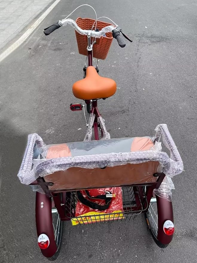 20 inch Folding Tricycle, Outdoor Cruiser Bikes with Passenger seat, 3 Wheel Bike, Large Pedal Tricycles with Inflatable Wheel, Tandem Bicycle, Ride-on trikes for s,Wine Red 20inch