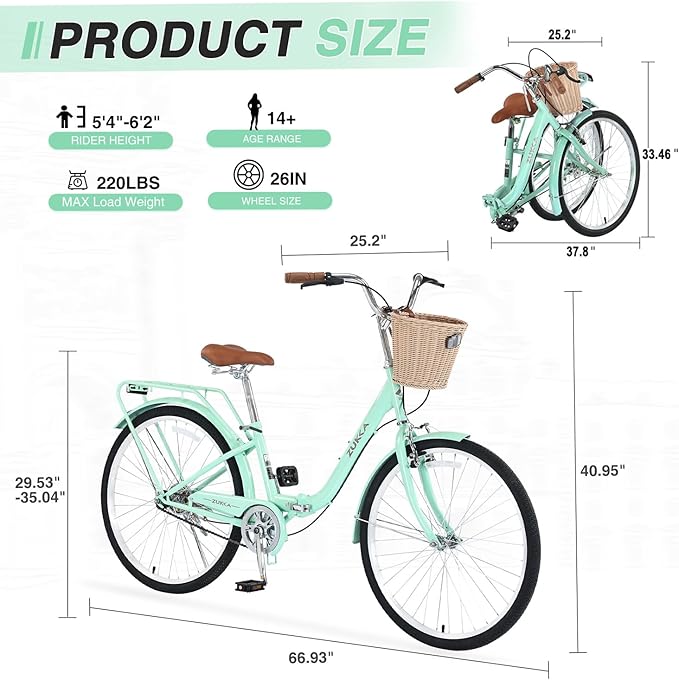 24/26 inch Female Bicycle Single Speed Folding Lady Bike, Durable Steel Frame,Compact Design for Easy Storage and Commuting Multi Color
