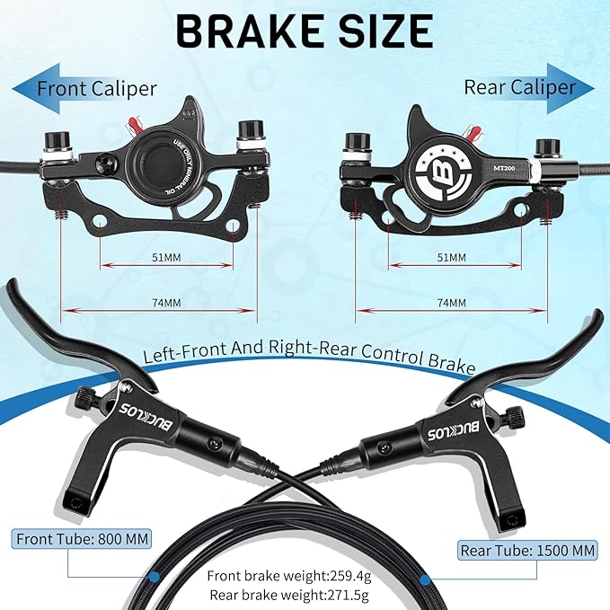 BUCKLOS MTB Hydraulic Disc Brakes for Mountain Bike, Left Front 800 mm Right Rear 1500mm Bike Hydraulic Brake Set Aluminum Alloy Levers with Calipers/PM/is Adapter fit eBike/Fat Bikes