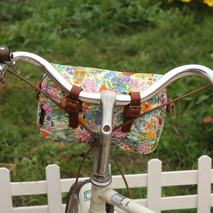 TOURBON Bike Bag Waxed Canvas Bicycle Handlebar Bag Zipper Closure Pouch Crossbar Front Frame Basket Cycling Saddebag Under Seat Strap-on Rear Rack Pannier (Yellow with Flower)