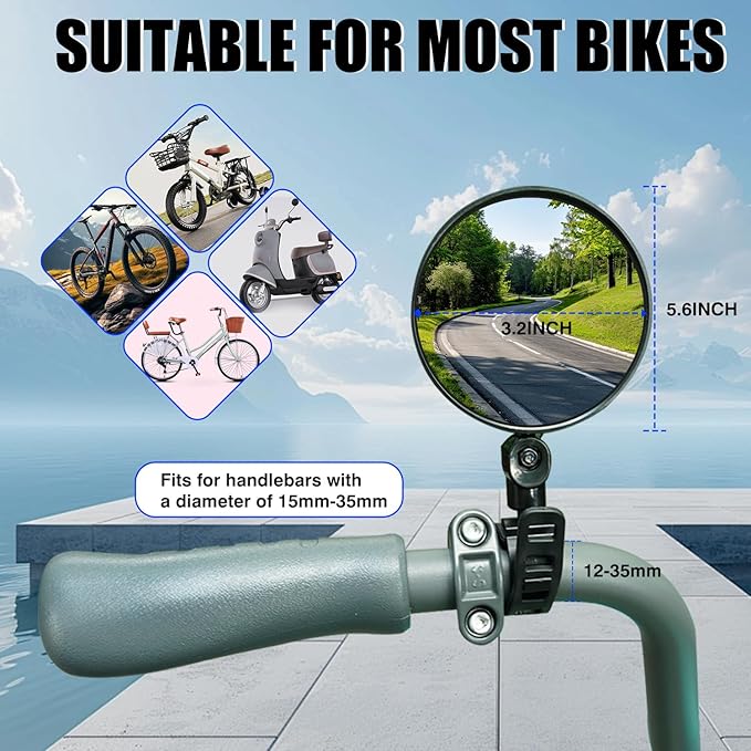 Bike Mirror Handlebar Mount, 2 Pcs 360° Rotatable Adjustable Acrylic Convex Mirror, No Tool Installation, Vibration-Free Wide View for Mountain/Road/E-Bike/Scooter - Bicycle Accessories