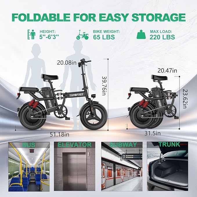 Tomofree Folding Electric Bike for Adults 20-24MPH Peak 750W EBike, 48V 20AH Removable Battery for Electric Bicycles, 40Miles Max Range, 10 Shock Absorbers, 14'' Fat Tire Foldable E-Bike, PAS E Bike