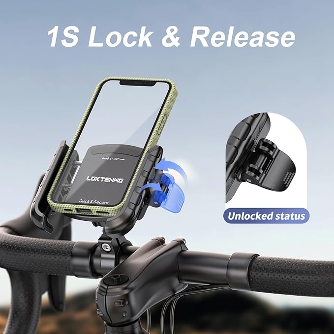 Bike Motorcycle Phone Mount with Aluminum Alloy Mounting Base, [1s Lock & Release] [Camera Friendly] Bicycle Handlebar Cell Phone Holder for Scooter ATV, Fit 5.4-7.2" Smartphone