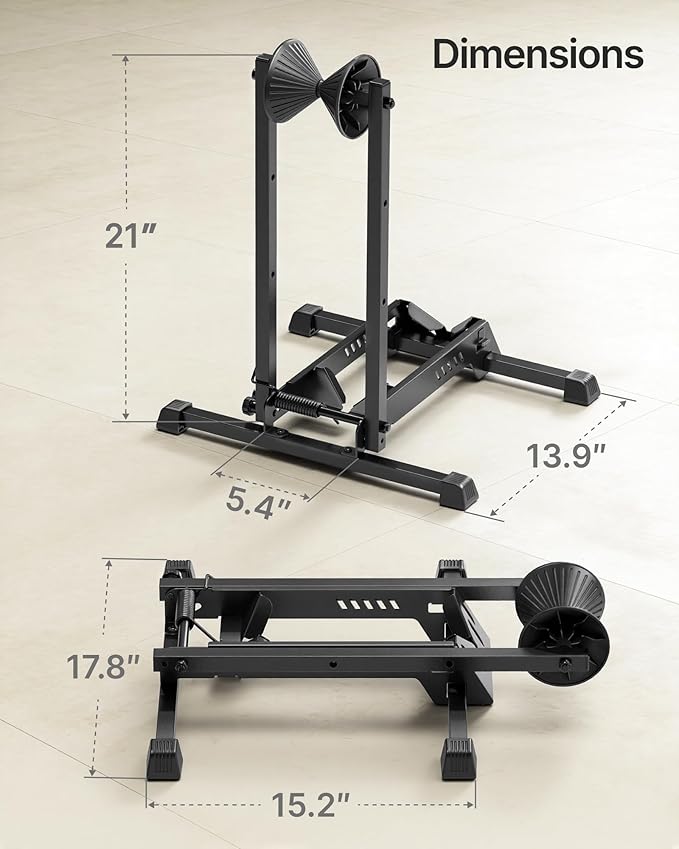 monTEK Heavy-Duty Bike Floor Stand for Max 4.5" Tire Width | 77lbs Capacity Dual-Arm Foldable Bicycle Storage Rack | 3-Level Height Adjustable | Fit 20"-26" Wheels for Road, Mountain & Fat Bikes