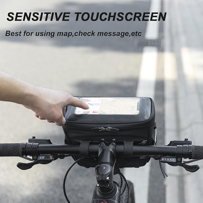 ROCKBROS Bike Handlebar Bag, 3L Waterproof Electric Scooter Bag with TPU Touchscreen, Bicycle Front Storage Pouch Bag, Cycling Accessories for Mountain Bikes, E-Bikes & Folding Bicycles