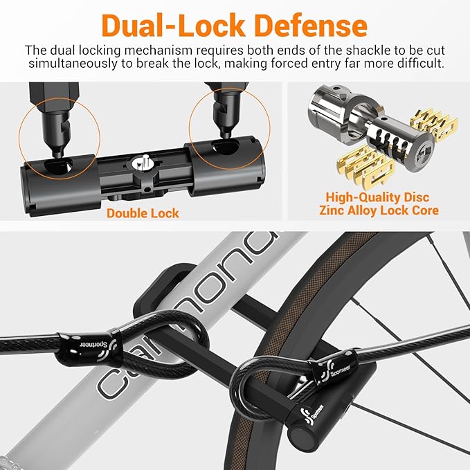 Sportneer Bike Lock: 18mm Heavy Duty Anti Theft Bike U Lock with 5ft Security Steel Cable - Shackle Bicycle U-Locks with 3 Keys & Mounting Bracket for Road Mountain Electric Bike, Size 8.58'' x 4.85''