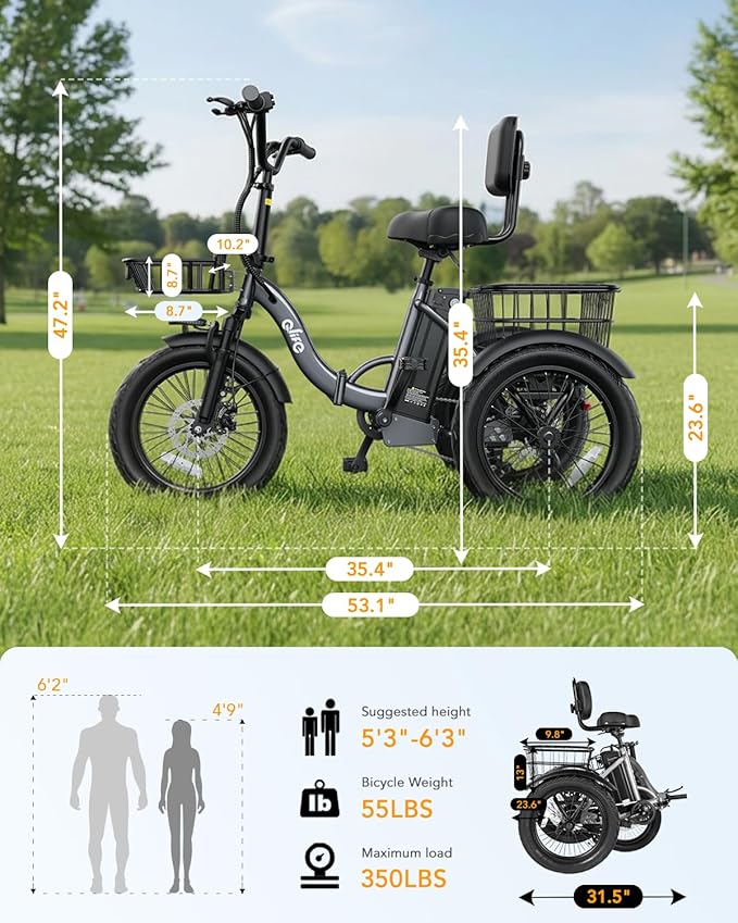 Qlife Triker Electric Bike, Peak 750W/1200W Brushless Motor Folding Trike Ebike, 499Wh Removable Battery, Step-Thru 3 Wheel Electric Bicycle, Up to 55 Miles, 20 Tire Tricycle for Adults