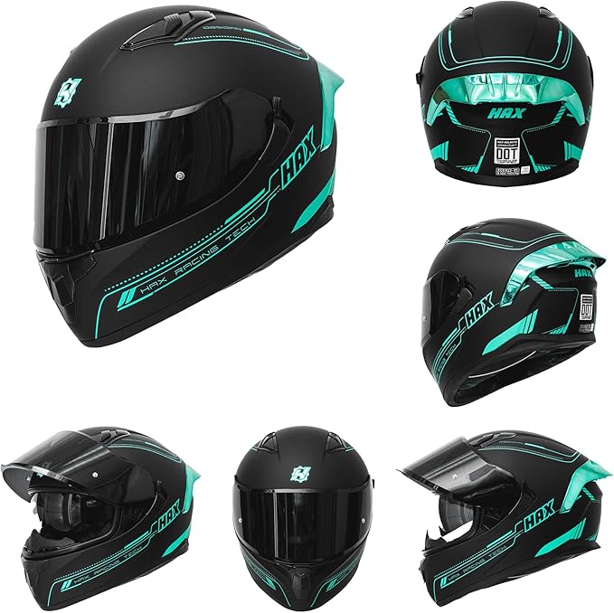 HAX Obsidian Full Face Dual Visor Adult Motorcycle Helmet for Motorbike Street Bike with Pinlock Ready DOT Approved Matte Black Aqua S