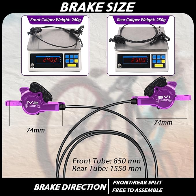 BUCKLOS IIIPRO IV2 MTB Hydraulic Disc Brake Set, 2 Piston Left Front 850mm Right Rear 1550mm Aluminum Alloy Levers Calipers for Mountain Bike/Ebike/Folding Bike/Fat Bike