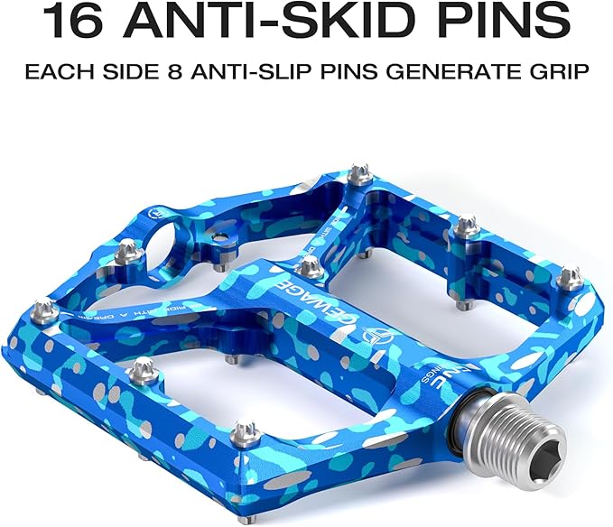 Road/Mountain Bike Pedals - 3 Bearings Bicycle Pedals - 9/16” CNC Machined Flat Pedals with Removable Anti-Skid Nails