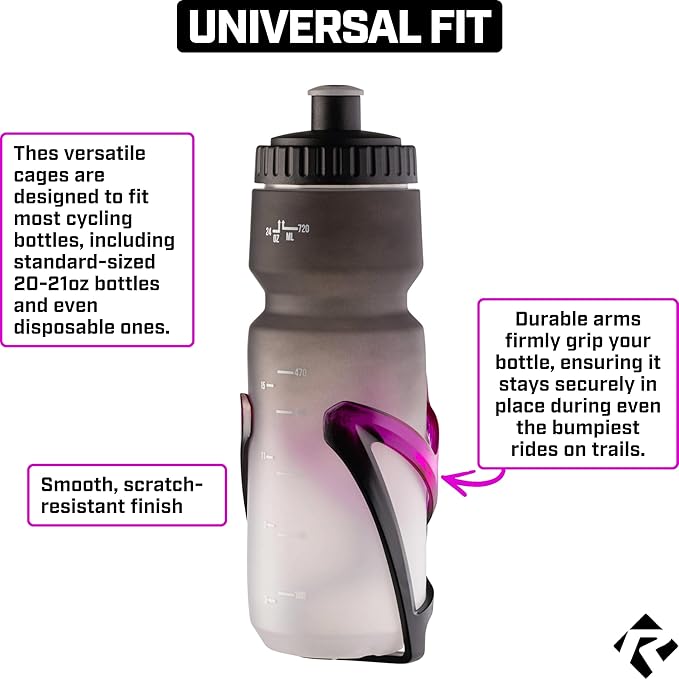 Revere Ultra-Light Bike Water Bottle Holder – Durable Bicycle Bottle Cage for Road, MTB, & Mountain Bikes – 2-Pack with Screws & Installation Tool – Premium Cycling Accessories (Purple/Black)