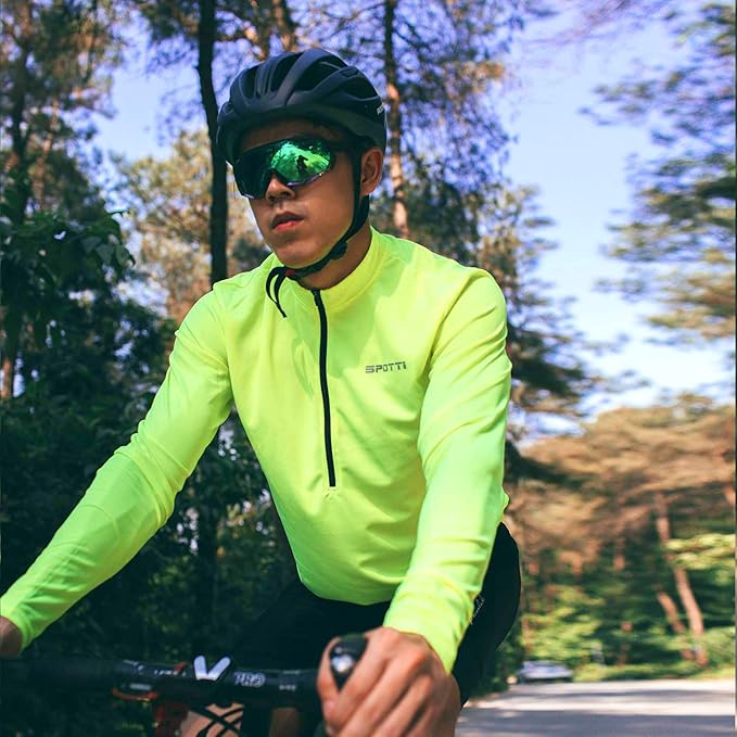 Spotti Men's Cycling Bike Jersey Long Sleeve with 3 Rear Pockets - Moisture Wicking, Breathable, Quick Dry Biking Shirt