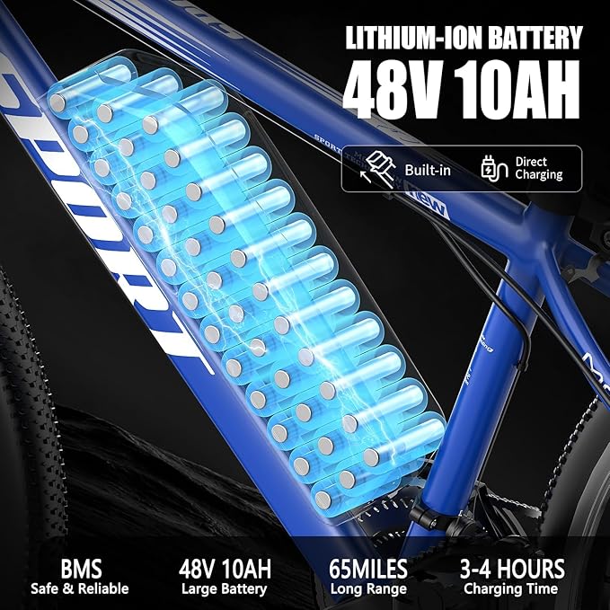 Electric Bike for Adults, 1500W Peak Motor, Up to 25 MPH, 65 Miles PAS Range, 48V 10Ah Removable Battery, Advanced Front Suspension, 7 Speeds, Compact Electric Mountain Bicycle, 26" Commuting Ebike