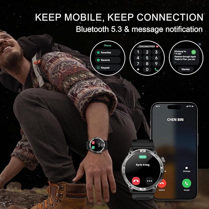 Military Smartwatch for Men, GPS Smart Watches Bluetooth Calls, 1.43" AMOLED Fitness Tracker with 530 mAh Large Battery/3ATM Waterproof/Compass/Air Pressure/Altitude for Android iOS