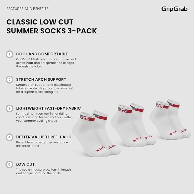 GripGrab Classic Low Cut Summer Cycling Socks Single & Multipack Short Coolmax Bicycle Socks for Spinning Indoor Biking