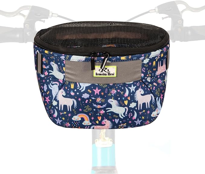 Kids Bike Basket,Durable Front Frame Bicycle & Scooter Basket Bag,Waterproof Fabric Bicycle Handlebar Bag for Boys, Girls, Toddlers with Zipper Mesh Lip (Unicorn)