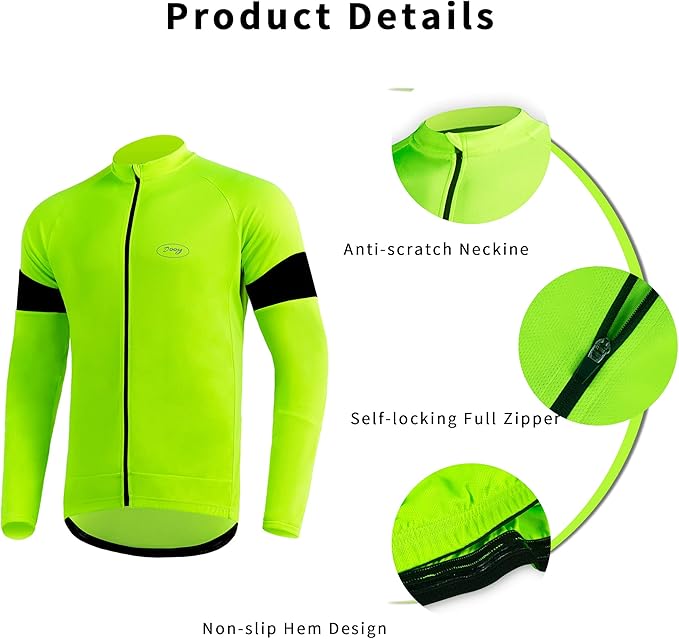 Dooy Men's Cycling Bike Jersey Long Sleeve Full Zipper Biking Shirt with 3 Rear Pockets, Breathable MTB Shirts Basic Series