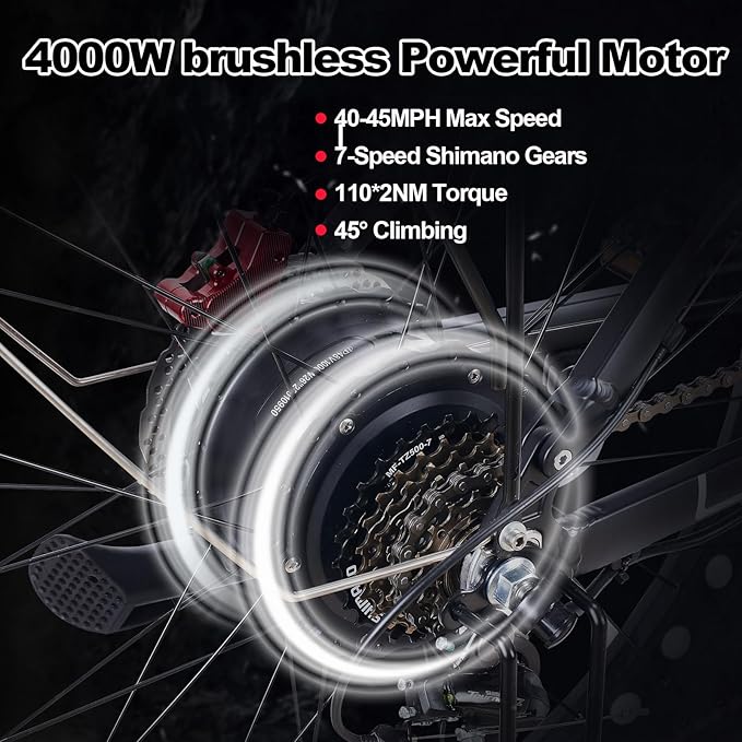 Electric Bike, Max 40-45MPH & 100 Miles, 5000W Peak Dual Motor Adult E-Bike, 52V 32Ah Battery Ebike, 24'' 26" Hydraulic Disc Brakes, Fat Tire All-Terrain Hunting Electric Bike, Full Suspension