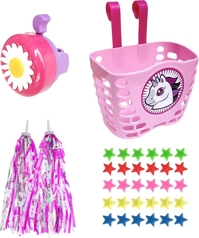 Girls Bike Decorations Kid Bicycle Accessories Kit- Bike Wheel Spoke Beads,Bike Streamers Tassel Ribbon, Bike Horn Bell,Bike Front Handlebar Basket