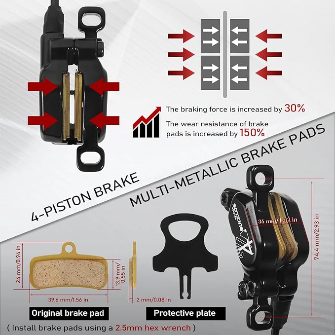 BUCKLOS EBike 2-PIN 4 Pistons Electric Power Off MTB Hydraulic Disc Brake Set,E-Bike Left Front 1150mm Right Rear 1950mm Aluminum Alloy Caliper Lever for ebike/Scooter/Mountain Bike HD-E735(Pre-Bled)