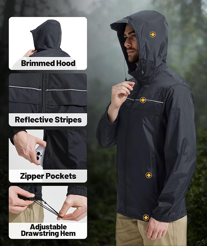 SWISSWELL Mens Rain Jacket & Coats Packable Lightweight Waterproof Windbreaker Hooded for Golf Cycling Hiking