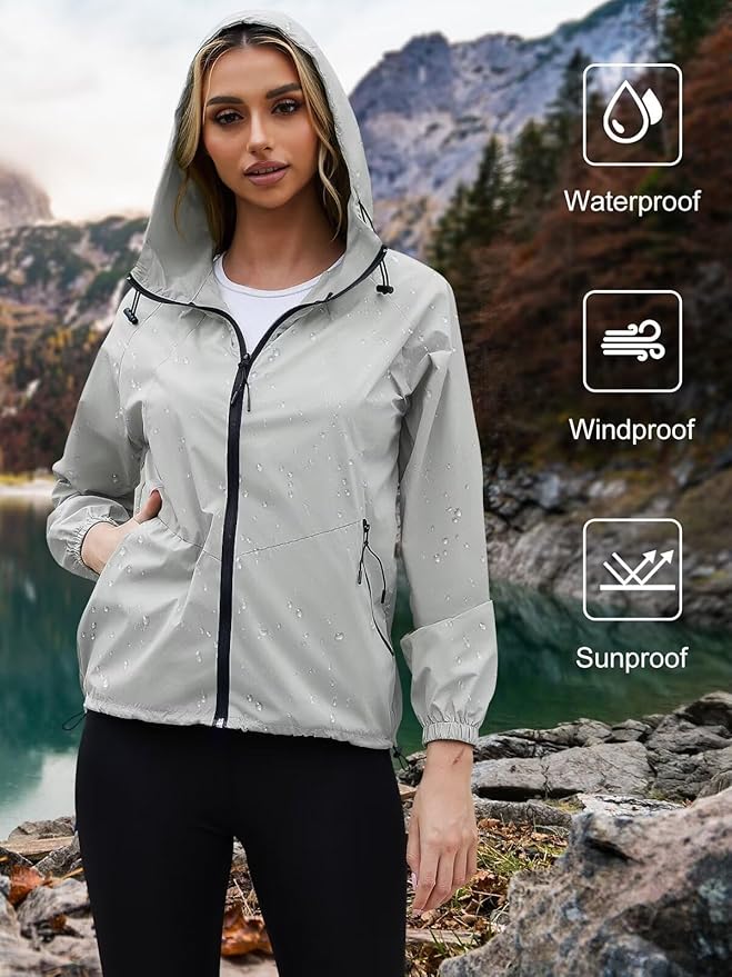 PITINAN Lightweight Rain Jacket Women Packable Wind Breaker Light Rain Jacket Women Waterproof Travel Raincoat S-XXL