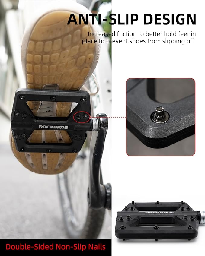 ROCKBROS Mountain Bike Pedals Flat MTB Pedals Non-Slip Lightweight Nylon Fiber Bicycle Platform Pedals for BMX MTB 9/16"