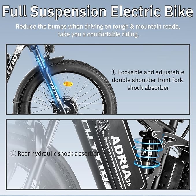 Tuttio Adria26 5000W/6000W Dual-Motor Ebike,40-46MPH Electric- Bike for Adults, 26 * 4" Fat Tire Electric Bicycle, 52V 25AH E-Bike Full Suspension Electric Dirt Bike for Off-Road Mountain Hunting