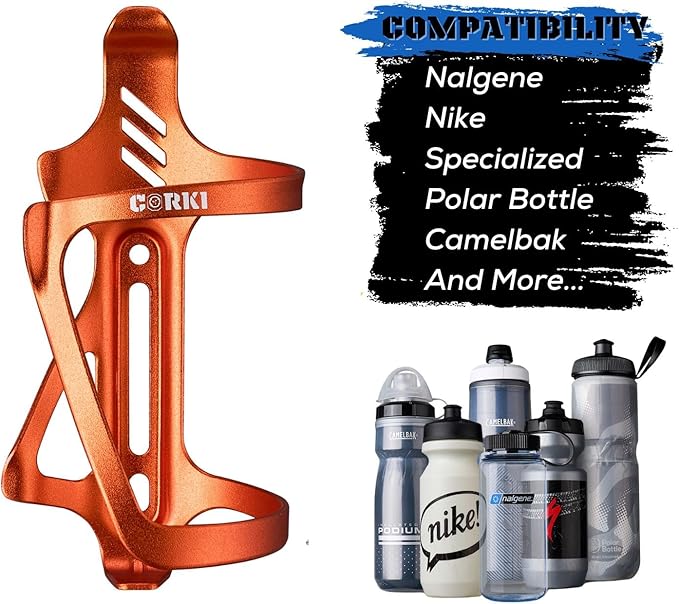 Corki Cycles Left Side Load Water Bottle Cage, Side Entry Bike Water Bottle Holder for Road & Mountain Bikes -2 Pack-Orange-Aluminum Alloy