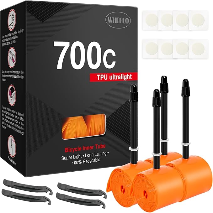 WHEELO 4-Pack TPU 700C×18-32C Bike Inner Tube: Lightweight Road Bicycle Tube with 45/65/85mm Presta Valves (Include 8PCS Bike Tube Patch Repair Kit)
