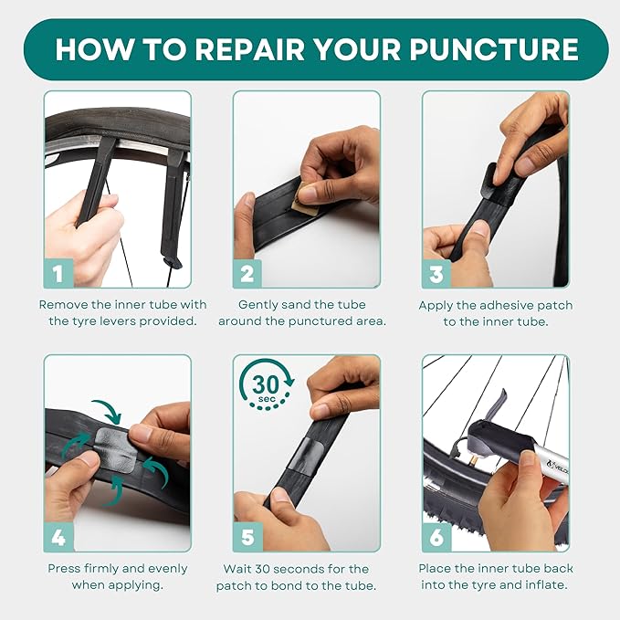 VeloChampion Puncture Repair Kit | Self-Adhesive Bike Tyre Patches for Road, MTB, BMX, Ebike| Travel Size Bicycle Puncture Repair Kit | 6, 10 or 40 Pack + Optional Tyre Levers