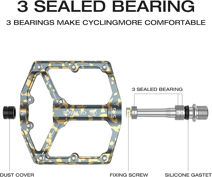 Road/Mountain Bike Pedals - 3 Bearings Bicycle Pedals - 9/16” CNC Machined Flat Pedals with Removable Anti-Skid Nails