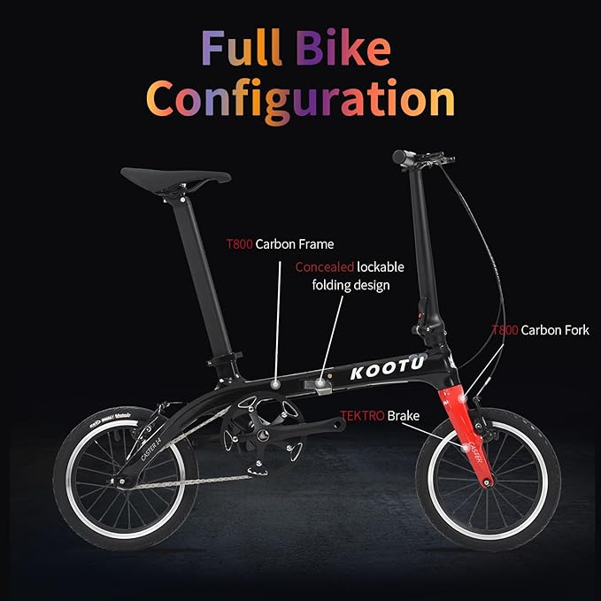 KOOTU Carbon Fiber Folding Bicycle 14-inch Wheel Student Bike One-Touch Folding Bike 6.7 Kg Mini Single-Speed Bike with Bell