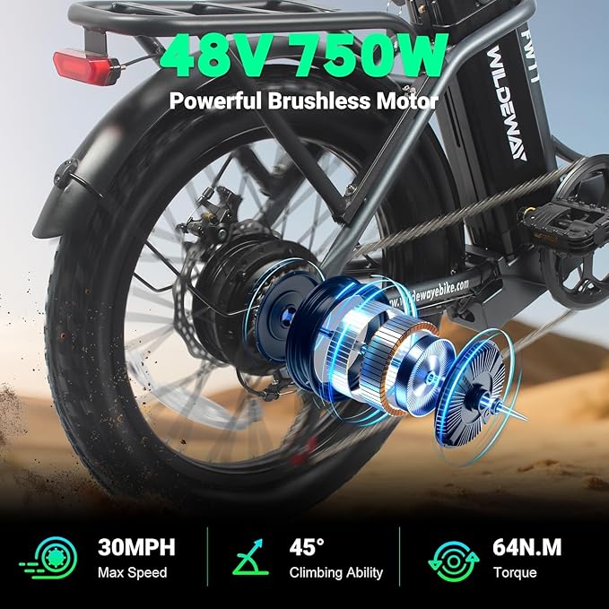 Wildeway Folding Electric Bike for Adults, FW11-Lite 750W Motor, 48V 15Ah Removable Battery, 20" x 3.0" Fat Tire E-Bike, 30MPH Top Speed, Step-Thru Frame, Foldable Ebike Commuter & Off-Road
