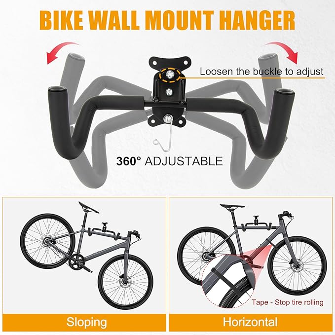 PSLER 2pcs Bike Wall Mount Hanger - Wall Mount Handbar, Adjustable & Extendable Horizontal Bike Rack Holder for Mountain/Road/Hybrid Bikes, Space Saving Garage Storage Hook, Easy Install
