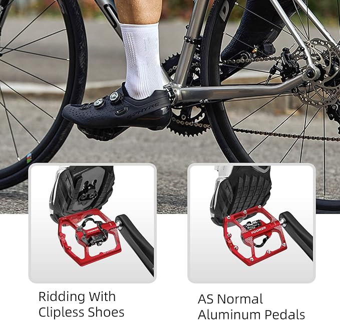 FOOKER MTB Mountain Bike Pedals, Dual Function Flat and Pedal,3 Sealed Bearing Flat Platform Compatible with Clipless Pedal Aluminum 9/16" Pedals with Cleats for Road Mountain BMX MTB