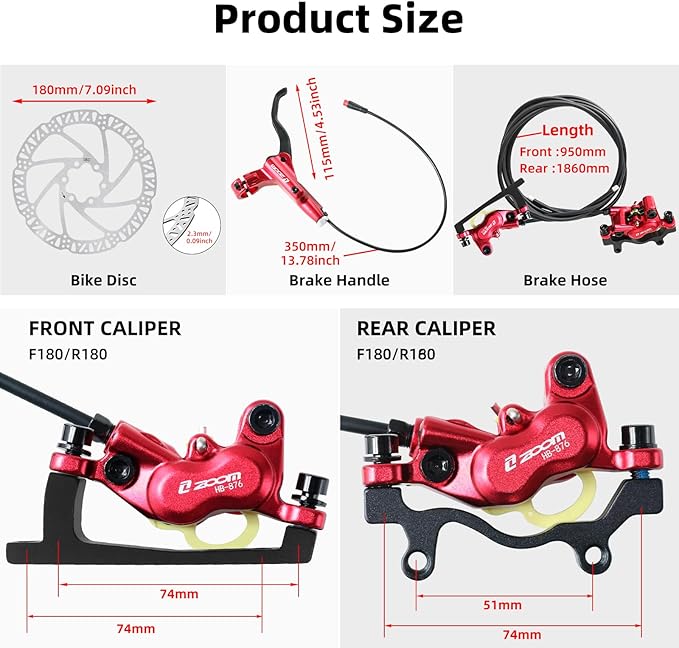 Z00M HB876E 2-PIN 4-Pistons E-Bike Electric Power-Off Hydraulic Brake Set, Pre-Bled with Mineral Oil Brakes Kit for eBike, Mountain Bike, Road Bike