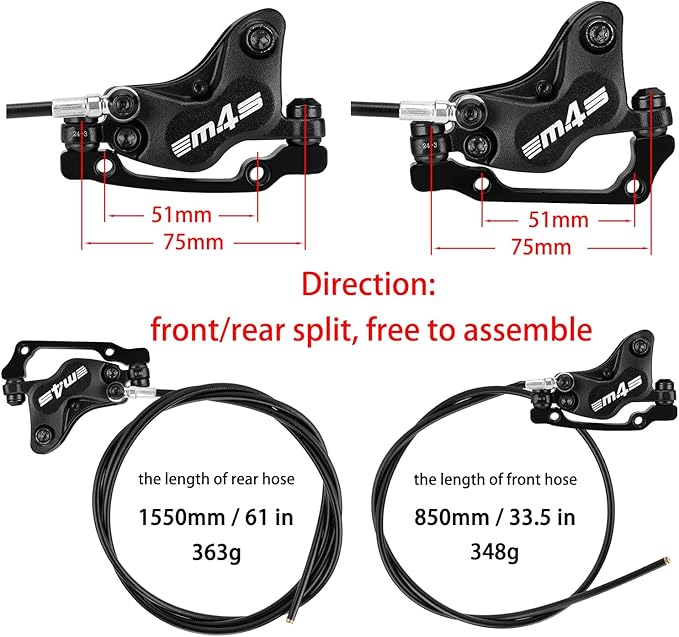 MEROCA M4 4-Piston Mountain Bike Hydraulic Disc Brakes Hydraulic Bike Brakes Front 800mm and Rear 1400mm with PM Adapter for 160mm Rotor