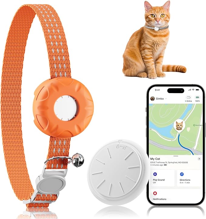 Cat Tracker, Lightweight GPS Tracker, Compatible with Apple Find My App(Only iOS), Waterproof Cat Trackers Collar with Bell and Safety Elastic Buckle, Real-Time Location Pet Trackers, Orange